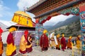 The monks and lama during the Mani Rimdu festival in Tengboche Monastery Royalty Free Stock Photo