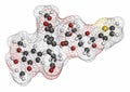 Teniposide cancer drug molecule (topoisomerase II inhibitor). Atoms are represented as spheres with conventional color coding: