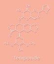 Teniposide cancer drug molecule topoisomerase II inhibitor. Skeletal formula.