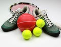 Tenis gear, shoes, racket, balls Royalty Free Stock Photo