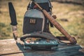 Tenkara. Fishing tackle box with fly fishing Royalty Free Stock Photo