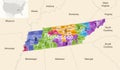 Tennessee state counties colored by congressional districts vector map with neighbouring states and terrotories