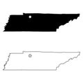 Tennessee TN state Map USA with Capital City Star at Nashville. Black silhouette and outline isolated maps on a white background.