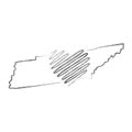 Tennessee US state hand drawn pencil sketch outline map with the handwritten heart shape. Vector illustration