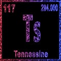 Tennessine chemical element, Sign with atomic number and atomic weight