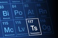 Tennessine on periodic table of the elements, with element symbol Ts