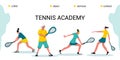 Tennis Academy, summer tennis camp.the concept of Junior sports training.Site template for the Home page or app.Girls with rackets