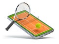 Tennis app video game on smartphone.. Mobile phone and ball and racket on tennis court isolated on white Royalty Free Stock Photo