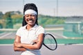Tennis, athlete and portrait of black woman on a court with a racket before training or match. Sports, fitness and happy Royalty Free Stock Photo