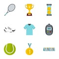 Tennis attributes icons set, flat style Royalty Free Stock Photo