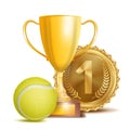 Tennis Award Vector. Sport Banner Background. Yellow Ball, Gold Winner Trophy Cup, Golden 1st Place Medal. 3D Realistic Royalty Free Stock Photo