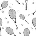 Tennis background. Seamless pattern of hand-drawn black sketch style tennis racquet with tennis balls on white Royalty Free Stock Photo