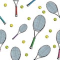 Tennis background. Seamless pattern of hand-drawn colored sketch style tennis racquet with yellow tennis balls on white Royalty Free Stock Photo