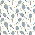 TTennis background. Seamless pattern of hand-drawn colored sketch style tennis racquet with yellow tennis balls on Royalty Free Stock Photo