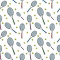 TTennis background. Seamless pattern of hand-drawn colored sketch style tennis racquet with yellow tennis balls on Royalty Free Stock Photo