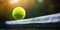 Tennis Ball Balance on Tennis Net Closeup. Sport Tournament. Competitive Match. Copy Space. AI generated