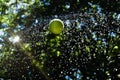 Tennis ball being spun in the air with water flying off it in a spiral making it look like Saturn