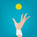 Tennis ball being tossed in the air during a match vector illustration, start of a game, serve, female hand Royalty Free Stock Photo
