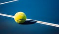 Tennis ball with black shadow is on blue hard court