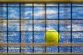 Tennis ball on a blue carpet floor next to the net. Empty copy space Royalty Free Stock Photo
