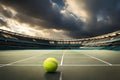 A tennis ball caught in the instant before it\'s about to be srve, the tennis court pristine and ready for