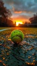 Tennis ball on a clay court at sunset