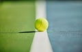 Tennis ball, court and green texture of line between grass and turf game with no people. Sports, empty sport training Royalty Free Stock Photo