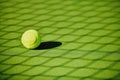 Tennis ball, court shadow and green texture of grass turf game with no people. Sports, empty sport training ground and