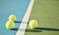 tennis ball, court and turf for fitness, training or health as athlete or workout, game or serve. Sports equipment Royalty Free Stock Photo