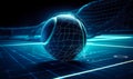 Tennis ball covered with thin hologram net. Neon lit tennis court at backdrop in blur. Generative AI Royalty Free Stock Photo