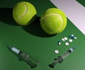 tennis ball and doping drugs syringe on the sport field