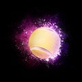 Tennis Ball flying in violet particles.