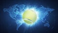 Tennis Ball flying on world map background. Royalty Free Stock Photo