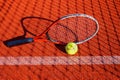 Tennis ball, racket and line on an outdoor court Royalty Free Stock Photo