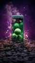 Tennis ball in mobile. Sport tennis in dark purple green colors. Vertical format for banners, poster, wallpaper. AI generated