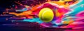 tennis ball in motion in a colorful watercolor splash, banner Royalty Free Stock Photo