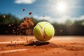 A tennis ball in motion kicking up dust on a clay court