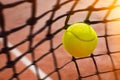 Tennis ball in net Royalty Free Stock Photo