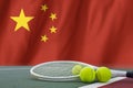 Tennis ball in net on flag China Royalty Free Stock Photo