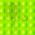 Tennis ball pattern, background, texture with two rackets. Hand drawn, sketch. drawing sport. Abstract green, spring and