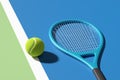 Tennis ball and racket on blue tennis court with lines. Abstract 3D rendering Royalty Free Stock Photo