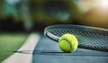 Tennis ball, racket and court ground with mockup space, blurred background or outdoor sunshine. Summer, sports equipment Royalty Free Stock Photo