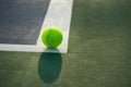 Tennis ball and racket under late evening sunlight Royalty Free Stock Photo