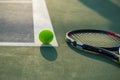 Tennis ball and racket under late evening sunlight Royalty Free Stock Photo