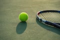 Tennis ball and racket under late evening sunlight Royalty Free Stock Photo