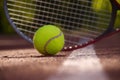 Tennis ball, racquet and hard court surface corner line Royalty Free Stock Photo