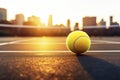 Tennis ball under late evening sunlight in a public tenniscourt in a big city Royalty Free Stock Photo