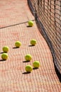 Tennis balls on the court near tennis nets