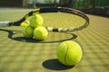 Tennis balls and racket on the grass court. Royalty Free Stock Photo