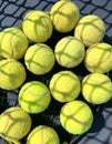 Tennis balls on the racket on hard court by the net. Tennis net shadows on tennis yellow balls. Royalty Free Stock Photo